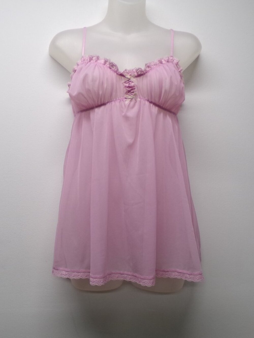 Victoria’s Secret Sheer Pink Mesh Lace Trim Babydoll Chemise w/ Bows sz Small